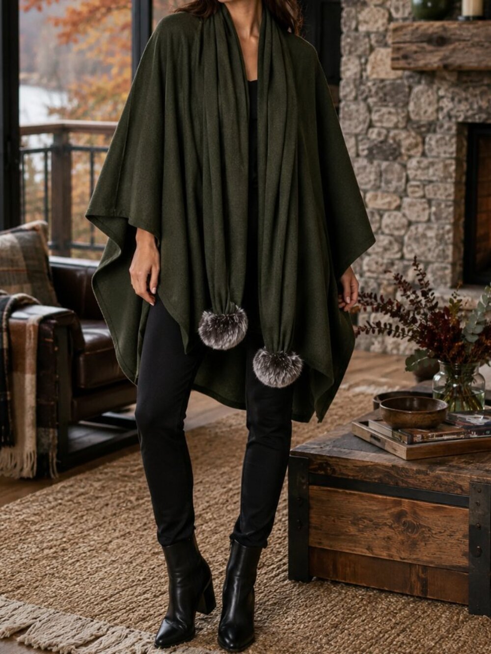 CAbi Majestic Wrap Loden Green Cotton Poncho Scarf Fur Poms OS